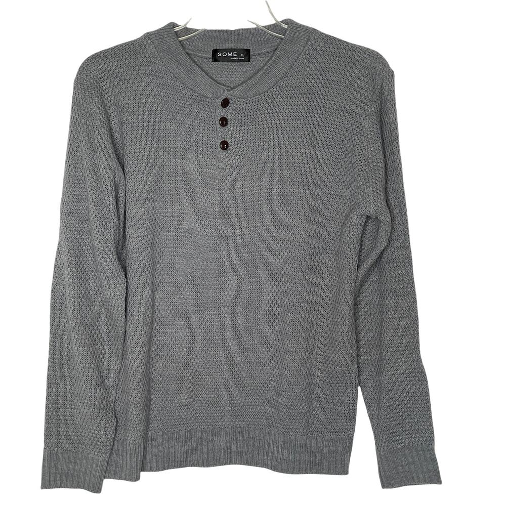 Some Gray Knit Sweater Pullover Long Sleeves Front Buttons Soft Comfy Men's XL
